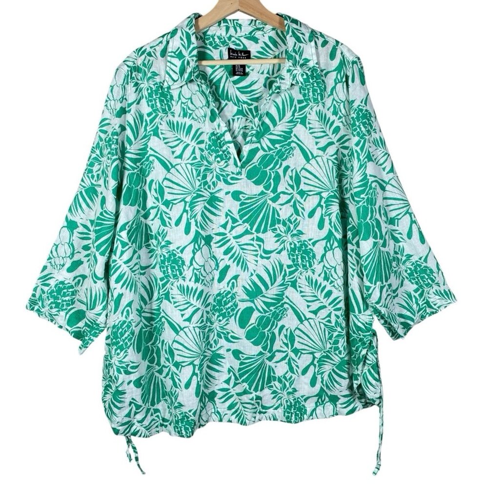 Nicole Miller 100% Linen Top Plus 2X Washable Tropical Leaf Print Popover Green